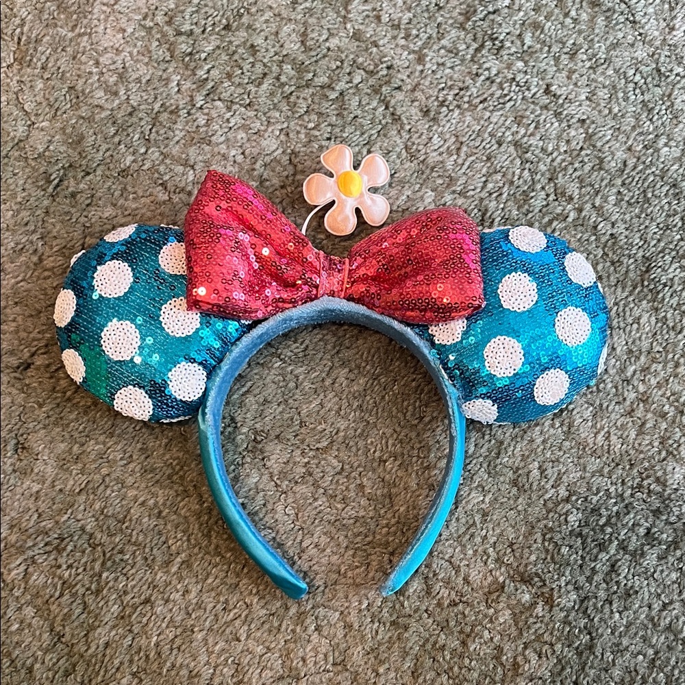 Disney Teal Polka Dot Sequin Minnie Ears with Pink Bow